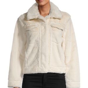 TAHARI Faux Fur Trucker Jacket White Soft Collar Buttons